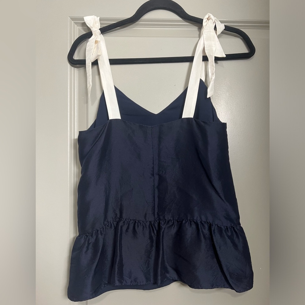 J. Crew 100% Silk Tie-Shoulder Peplum Top  - Navy | Size 0 - Picture 2 of 11